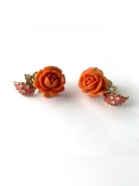 Vintage CORO Orange Rose Earrings Pink Enamel Rhinestone Screwback Earrings